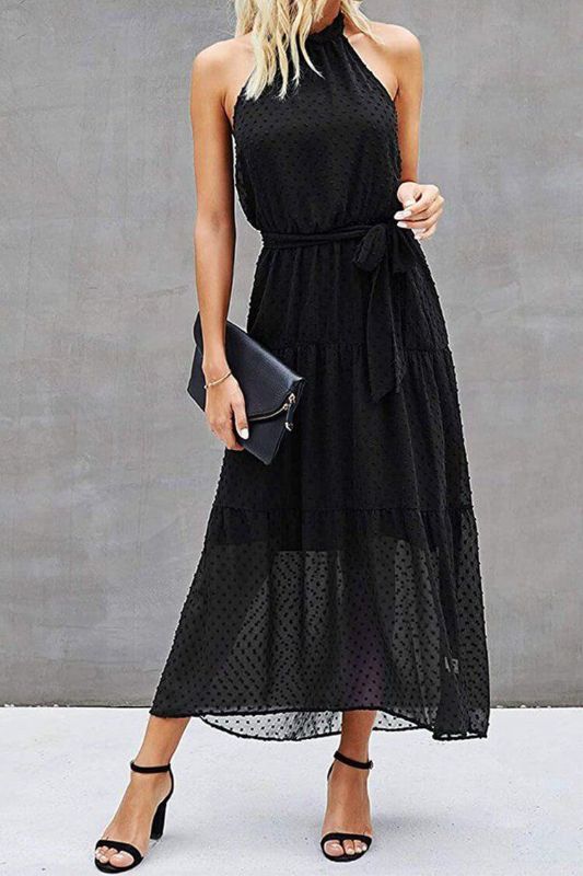 Photo 1 of Halter Neck Sleeveless Elegant Polka Dot Backless Long Maxi Dress With Belt (XL)
