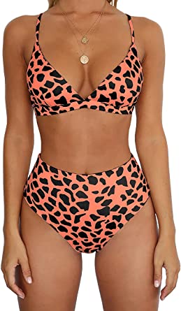 Photo 1 of BTFBM Women Casual Leopard Printed Triangle High Waisted Two Piece Bikini Sets (L)
