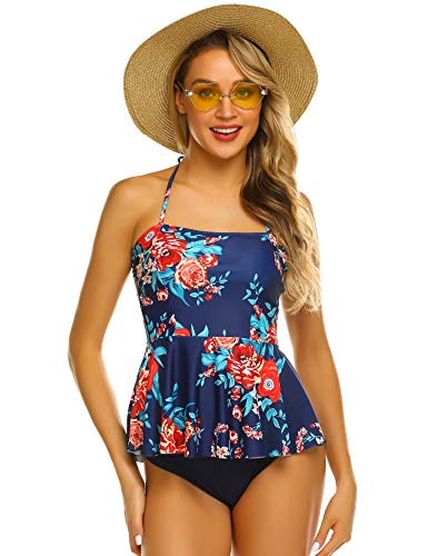 Photo 1 of ADOME Swimsuits for Women 2 Piece Bathing Suits Ruffled Flounce Top with High Waisted Bottom Tankini Set Navy Blue XL
