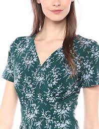 Photo 1 of Amazon Brand - Lark & Ro Women's Short Sleeve Fixed Wrap Waistband Dress, Emerald/Pale Blue Delicate Floral, Size 14

