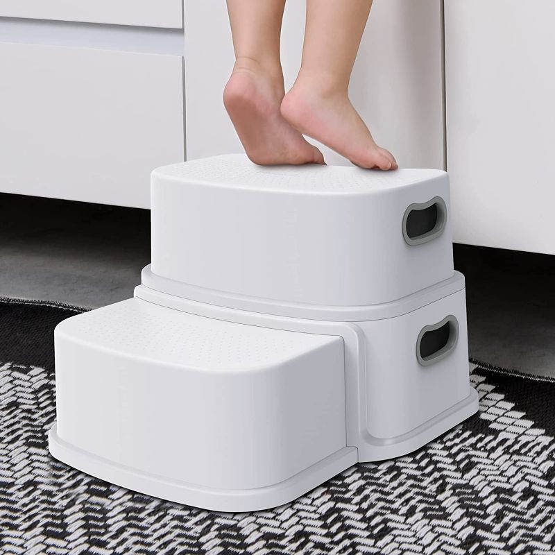 Photo 1 of Glamore 2 Step Stool for Kids, Toddler Step Stool, Kids Step Stool for Potty Training, Bathroom Toilet Stool, Slip Resistant, Dual Height 4.5"- 9.4", Dual Width 5"- 6", White 1 Pack
