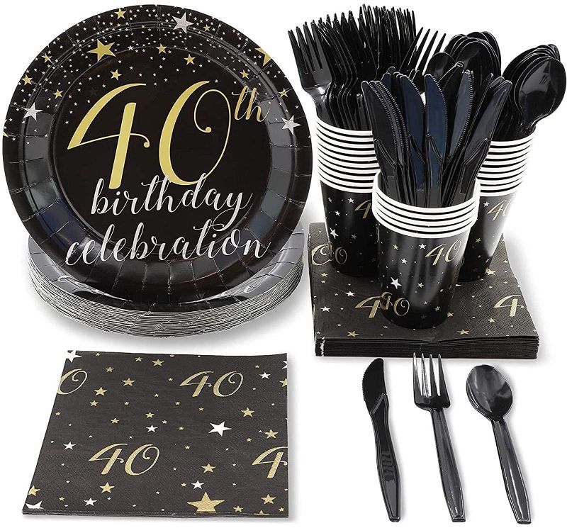 Photo 1 of 40th Birthday Party Bundle, Includes Plates, Napkins, Cups, and Cutlery (24 Guests,144 Pieces)
