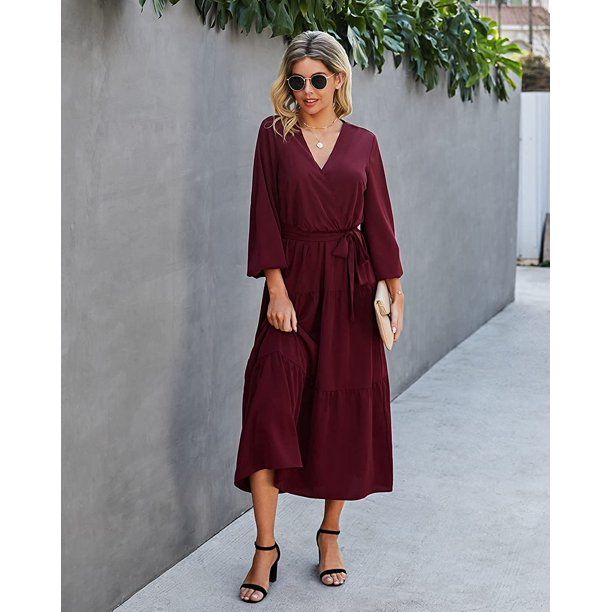 Photo 1 of esafio Women's Long Sleeve Midi Long Dress Wrap V Neck Tiered Fall Vintage Maxi Dresses,Wine Red
size XL