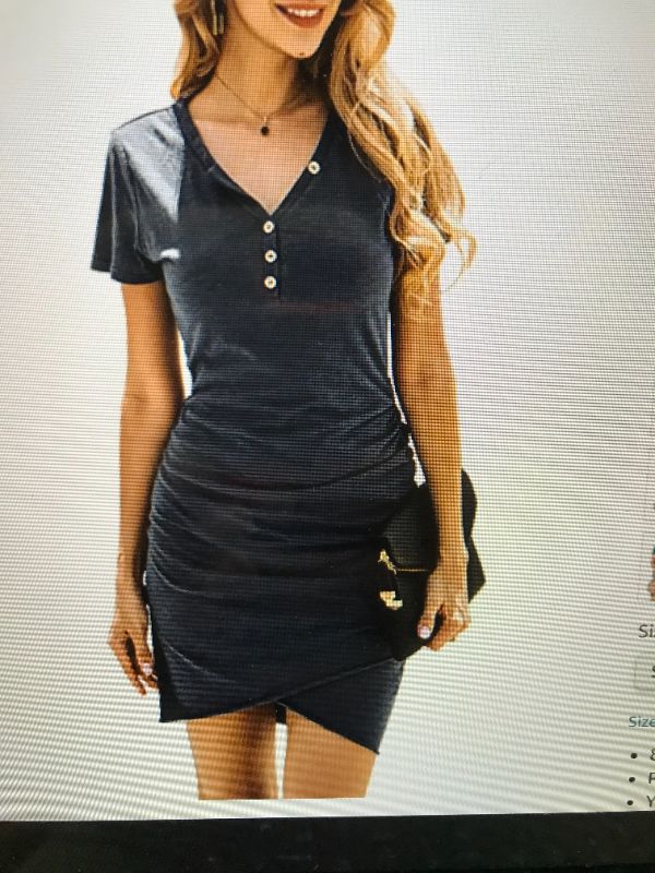 Photo 1 of BTFBM Women’s 2021 Casual V Neck Short Sleeve Ruched Bodycon T Shirt Short Mini Dresses with Buttons
size L