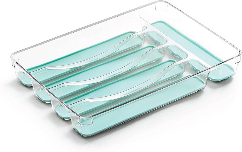 Photo 1 of BINO 5-Slot Silverware Organizer, Aqua - Utensil Drawer Organizer with Soft Grip Lining
