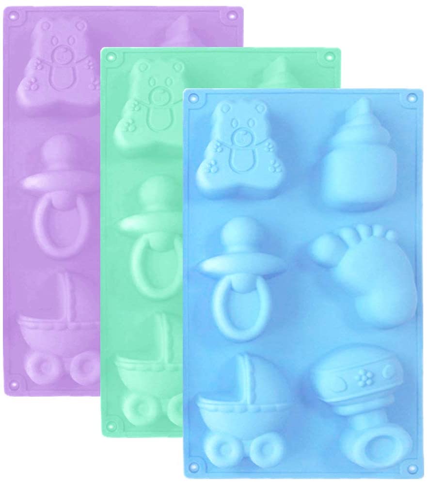 Photo 1 of 3 Pack Baby Shower Party Silicone Mold,DanziX Baby Carriage Feeding Bottle Little Feet Bear Pacifier Silicone Fondant Mold for Sugarcraft,Cake Decoration,Cupcake Topper,Chocolate-Purple,Blue,Green
