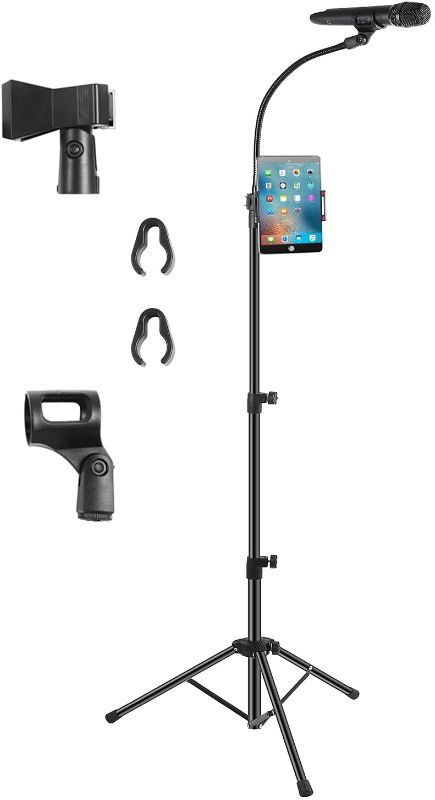 Photo 1 of Microphone Stand Portable Mic Stand with Phone Holder,Detachable Gooseneck Mic Tripod - Adjusted Height From 3 to 6 Feet - with 2 Standard Mic Clips
