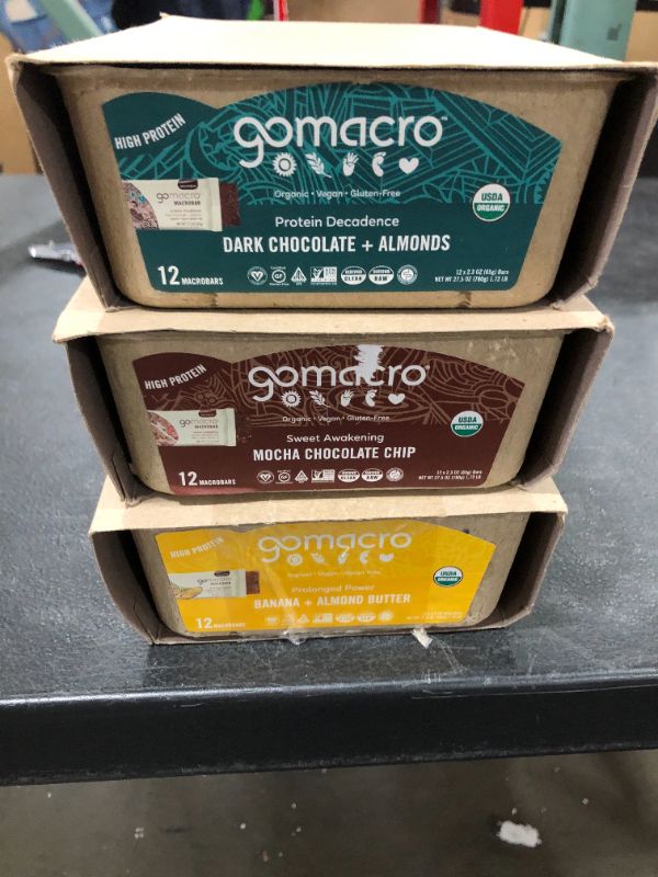 Photo 1 of 3 PACK GoMacro - DARK CHOCOLATE ALMONDS BANANA ALMOND BUTTER MOCHA CHOCLATE CHIP EXP. AUG 7 2021