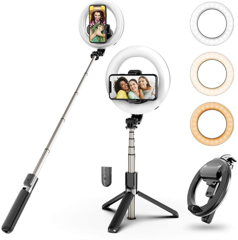 Photo 1 of MPOW Selfie Ring Light with Tripod Stand Phone Holder Portable Dimmable LED Ring Light Rechargeable Selfie Stick with Bluetooth Remote Control for Live Stream