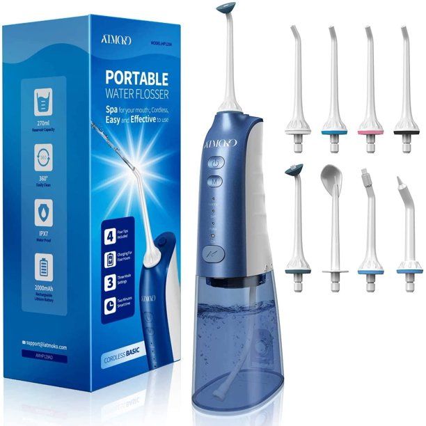 Photo 1 of ATMOKO Portable Dental Oral Irrigator for Teeth, 3 Modes and 8 Jet Tips, IPX7 Waterproof, USB Charged 4 Hrs Blue