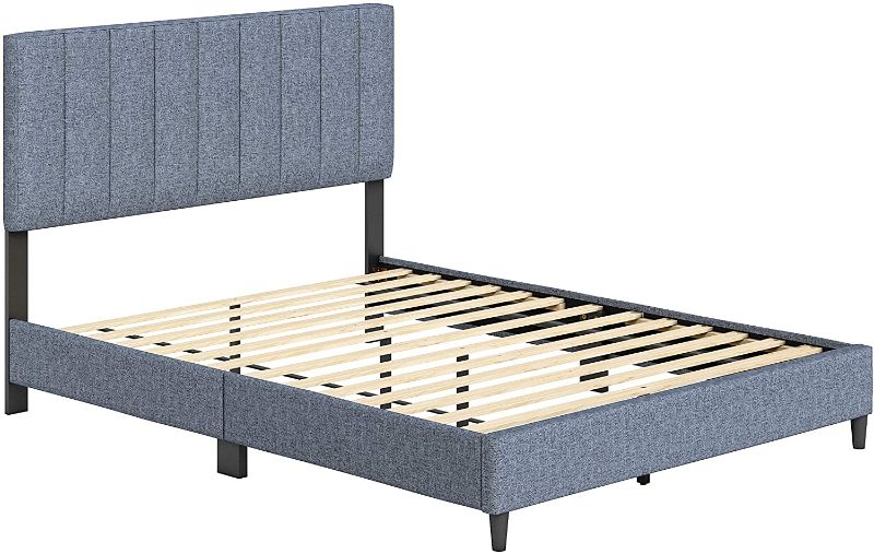 Photo 1 of Boyd Sleep Leah Upholstered Vertical Tufted Platform Bed with Headboard and Strong Wood 13-Slat Supports, Blue Linen, King Size