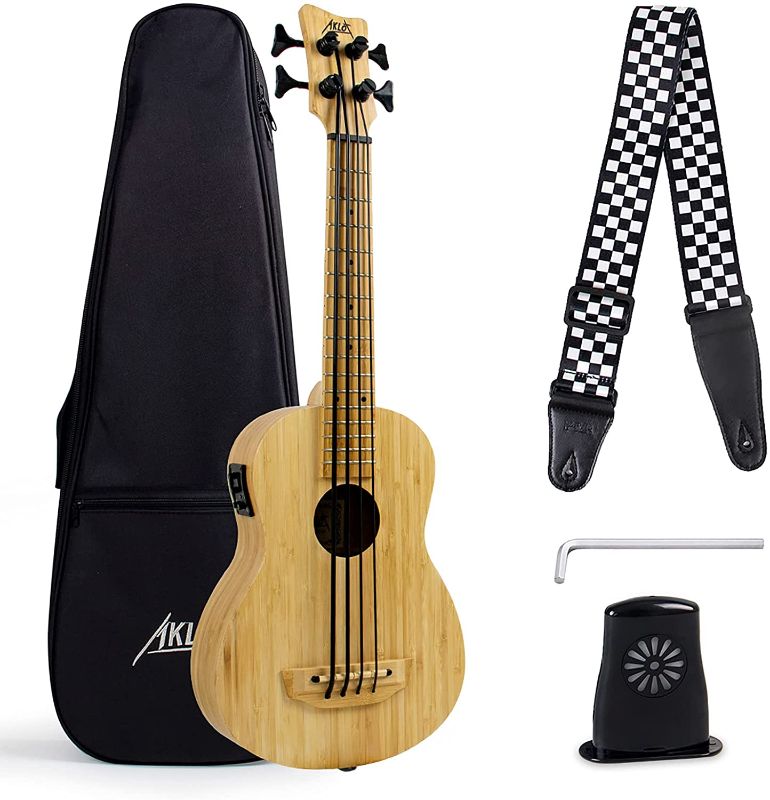 Photo 1 of AKLOT Bass Ukulele Baritone, Bamboo 30 Inch Electric Bass Ukelele 4 String Solid Wood Ubass with Gig Bag Tuning Wrench Humidifier
