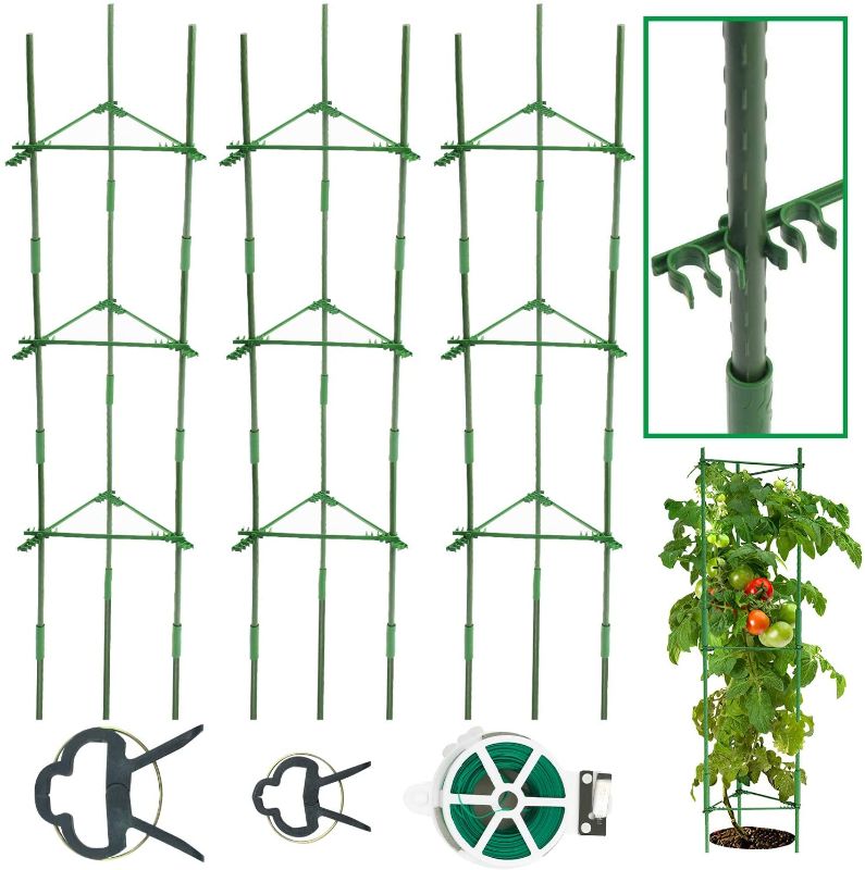 Photo 1 of CKE 3 Pack Tomato Cage – Plant Stakes and Support with Clips - Upto 72 inches Tall with 40 Pcs Clips + Garden Twist Ties
