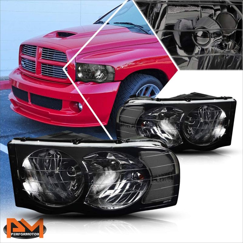 Photo 1 of 2Pcs Headlights Assembly Smoked Lens/Clear Corner Compatible with 2002-2005 Dodge Ram 1500 2500 3500
