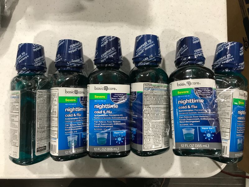 Photo 2 of 5 Pack Amazon Basic Care Nighttime Cold & Flu Relief, Pain Reliever, Fever Reducer, Cough Suppressant & Antihistamine, 12 Fluid Ounces