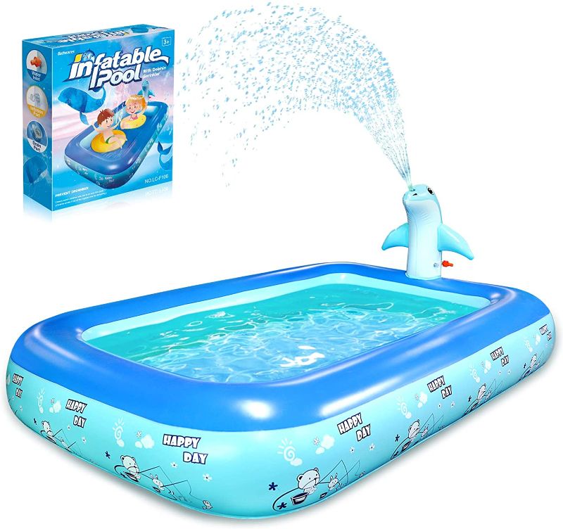 Photo 1 of Betheaces Inflatable Pool with Dolphin Sprinkler - Swimming Kiddie Pool Toys Sprinkler for Kids Toddlers Boys Girls, Summer Pool Toys for Outdoor Indoor 78 × 55 inches

