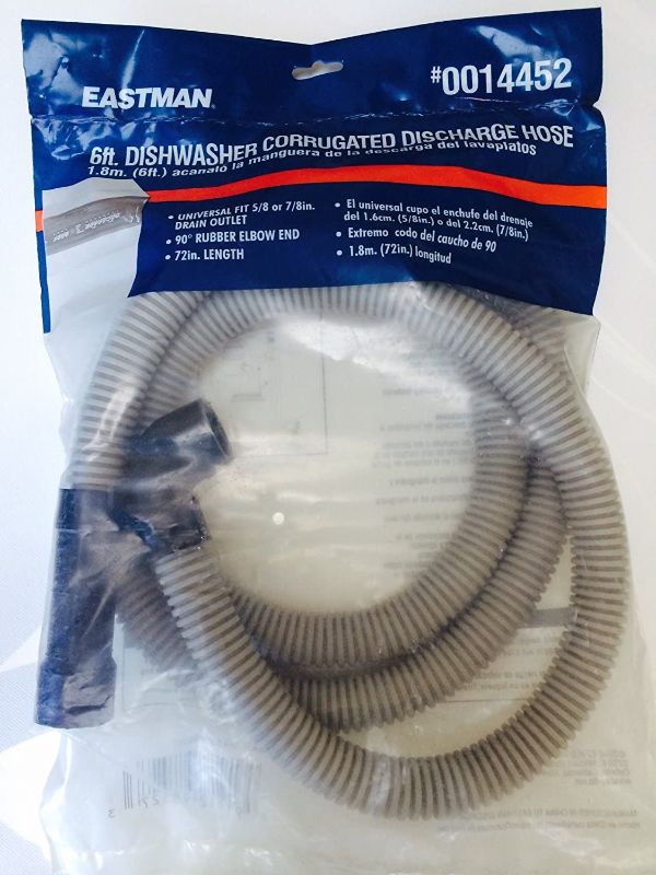 Photo 1 of 6' Dishwasher Corrugated Discharge Hose -- Universal fit 5/8" or 7/8" drain outlet -- 89 degree rubber elbow end, 72" length