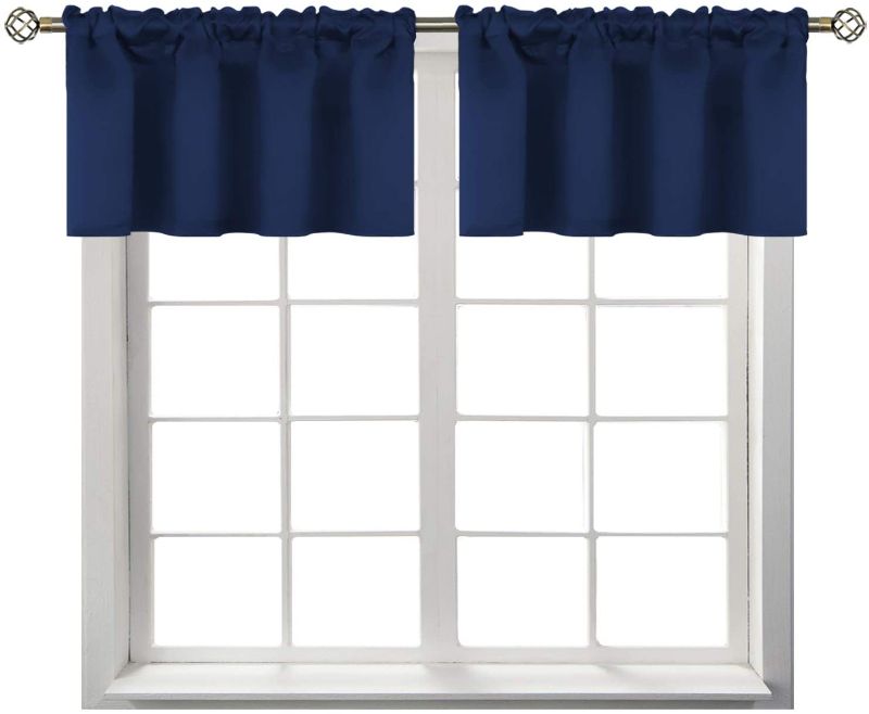 Photo 1 of BGment Rod Pocket Valances for Kitchen- Thermal Insulated Room Darkening Tier Valance Curtain for Dinning Room, 42 x 18 Inch, 2 Panels, Navy Blue
