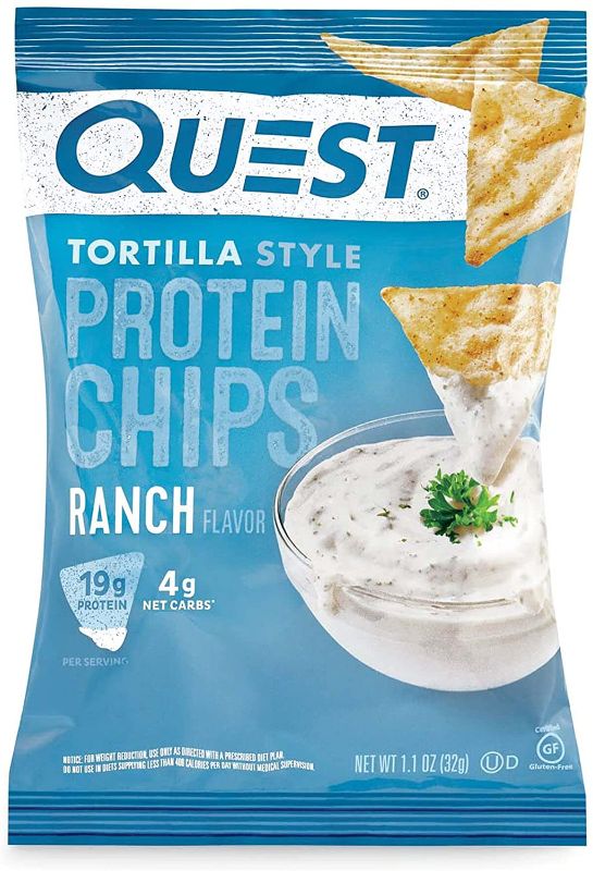 Photo 1 of 12 PACK Quest Nutrition Protein Tortilla Chips, Ranch, 19g Protein, 4g Net Carbs, 140 Calories, Low Carb, Gluten Free, Soy Free, Potato Free, Baked, 1.2oz Bag
BB 08 04 2022