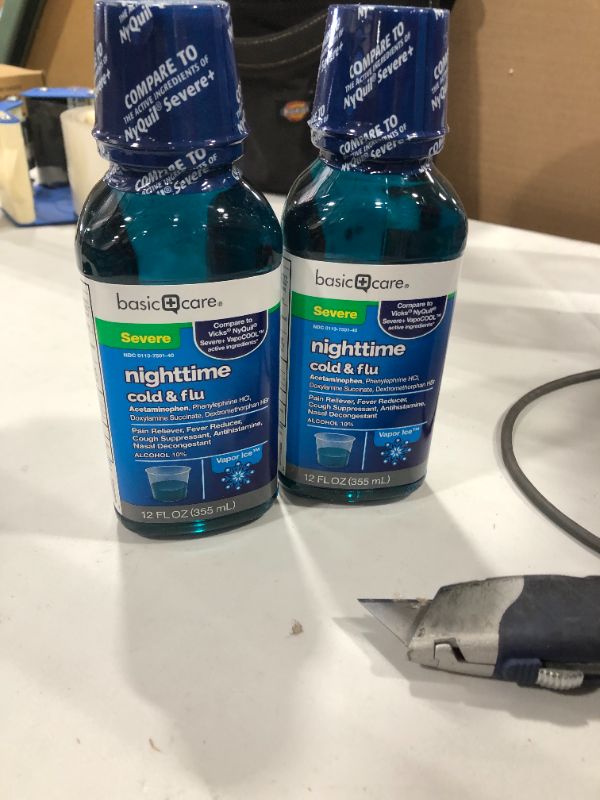 Photo 2 of 2 PACK Amazon Basic Care Vapor Ice Nighttime Severe Cold and Flu, Pain Reliever and Fever Reducer, Nasal Decongestant, Antihistamine and Cough Suppressant, 12 Fluid Ounces
BB 12 2022