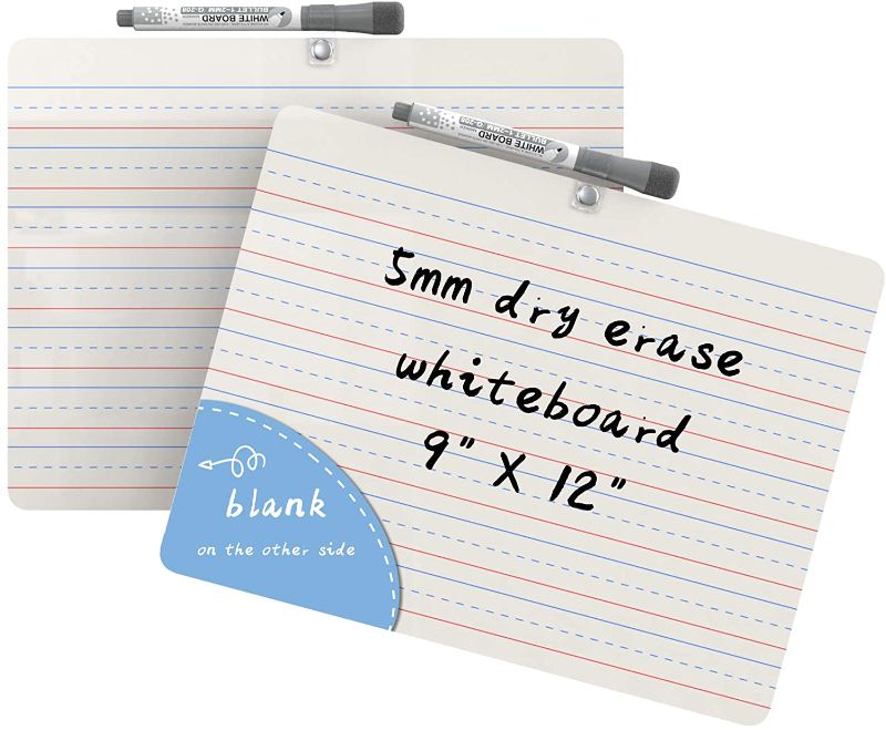 Photo 1 of Dry Erase White Board for Kids,5 mm Mini Dry Erase Lapboard Portable 9x12 inches Learning WhiteBoard, Double Sided, Lined/Plain Writeboard with Black Marker for Students(2 Pack)
