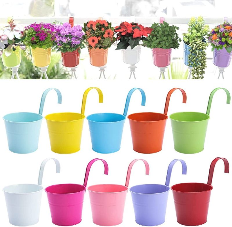 Photo 1 of 10 Pack ECO JOY 6" Large Metal Hanging Flower Pots | Hanging Planters Outdoor & Indoor, Balcony Planter, Railing Planter | Detachable Hook, Herb Planters (Rainbow Color, 6 Inches Large)
