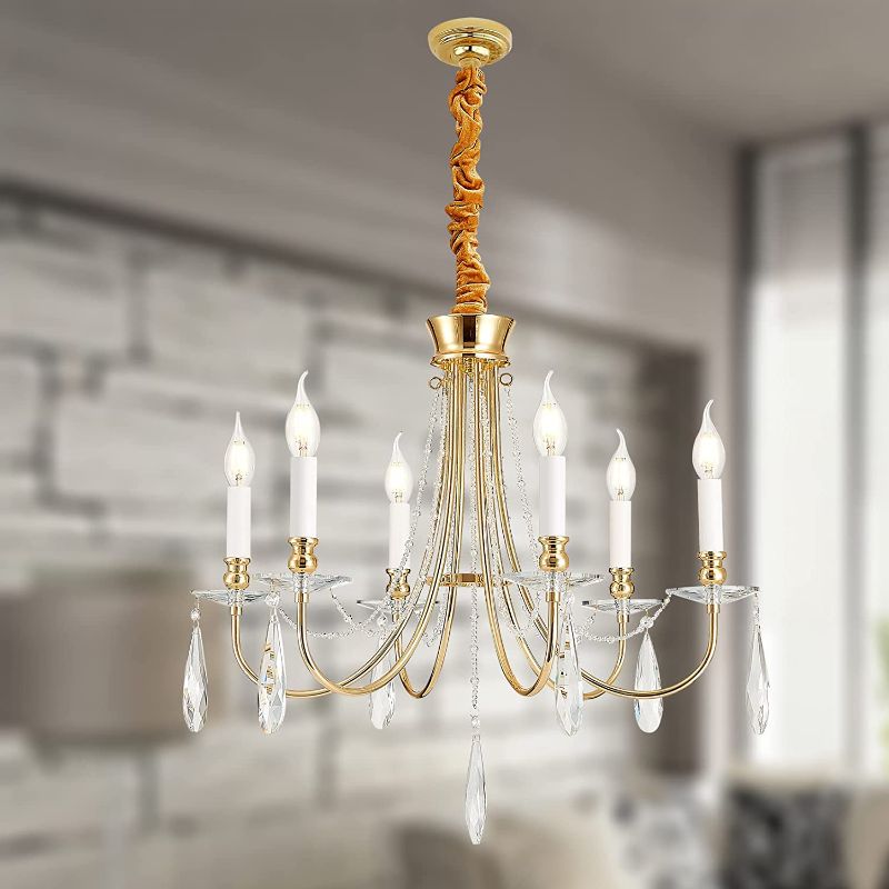 Photo 1 of Kaluxry 6-Lights Gold Farmhouse Chandelier, Candle Chandelier Modern Crystals Pendant Light Fixture Chandeliers for Dining Rooms Living Room and Bedroom BLACK  SOLD FOR PARTS ONLY