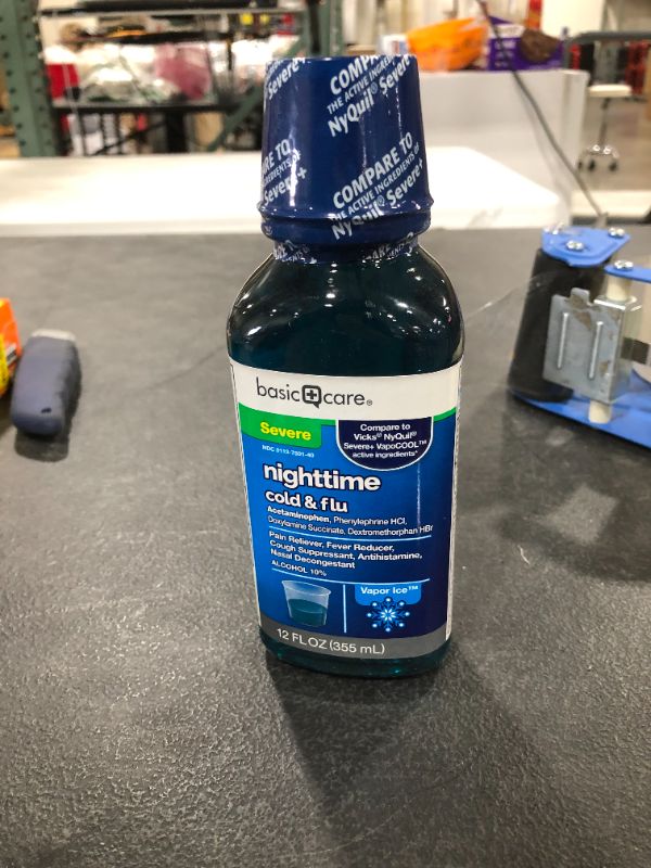 Photo 2 of Amazon Basic Care Vapor Ice Nighttime Severe Cold and Flu, Pain Reliever and Fever Reducer, Nasal Decongestant, Antihistamine and Cough Suppressant, 12 Fluid Ounces EXP. 12 2022