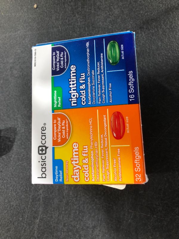 Photo 2 of Amazon Basic Care Cold Flu Relief Multi-Symptom Daytime Night time Combo Pack Softgels; Cold Medicine EXP. 01 2022