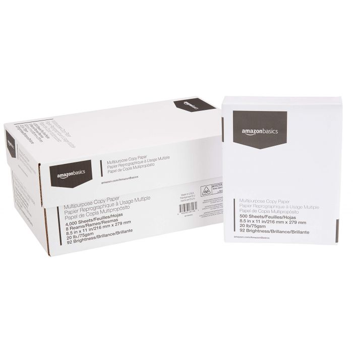 Photo 1 of Amazon Basics Multipurpose Copy Printer Paper - White, 8.5 x 11 Inches, 8 Ream Case (4,000 Sheets)
