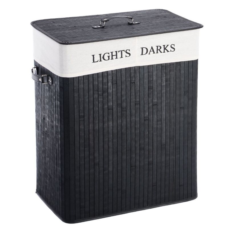 Photo 1 of Black Bamboo 2-Bin Lights Darks Laundry Hamper with Handles
