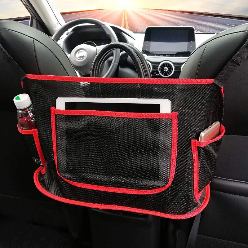 Photo 1 of 2pk| MOETYANG Car Net Pocket Handbag Holder, Net Car Purse Holder Between Seats, Mesh Large Capacity Pocket Bag for Purse Storage Phone Documents, Seat Back Rear Seat Organizer Fits Most Cars, Red
