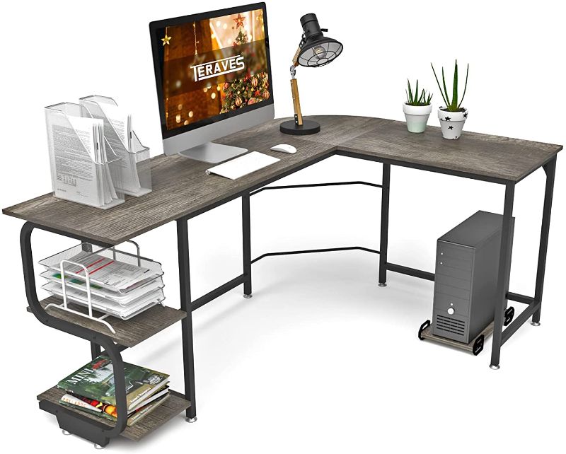 Photo 1 of Reversible L Shaped Desk with Shelves Round Corner Computer Desk Gaming Table Workstation for Home Office
