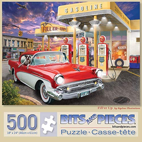 Photo 1 of Bits and Pieces - 500 Piece Jigsaw Puzzle for Adults 18" x 24" - Fill'er Up - 500 pc Old Fashioned Gas Station Car Jigsaw by Artist Bigelow Illustrations
