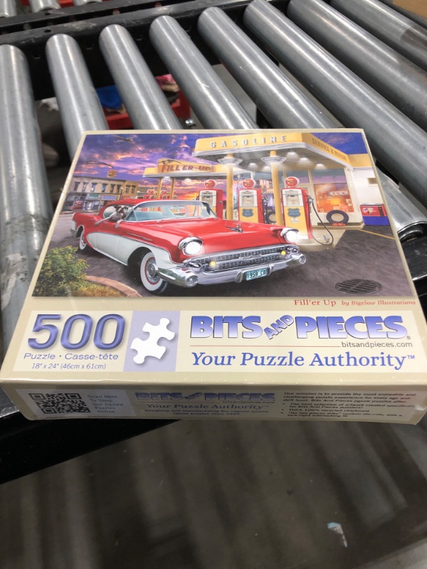 Photo 2 of Bits and Pieces - 500 Piece Jigsaw Puzzle for Adults 18" x 24" - Fill'er Up - 500 pc Old Fashioned Gas Station Car Jigsaw by Artist Bigelow Illustrations
