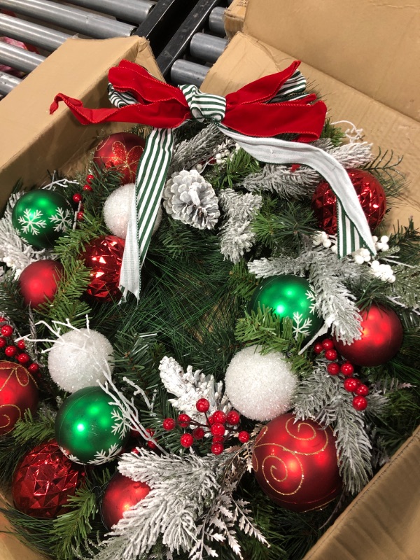 Photo 3 of Adeeing 30 Inch Artificial Christmas Wreath with LED Lights, Green Xmas Garland Full of Christmas Ball, Snowflakes, Red Berries, Pine Cones for Front Door, Indoor and Outdoor Holiday Decorations
