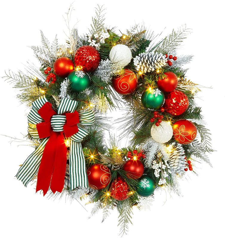 Photo 1 of Adeeing 30 Inch Artificial Christmas Wreath with LED Lights, Green Xmas Garland Full of Christmas Ball, Snowflakes, Red Berries, Pine Cones for Front Door, Indoor and Outdoor Holiday Decorations
