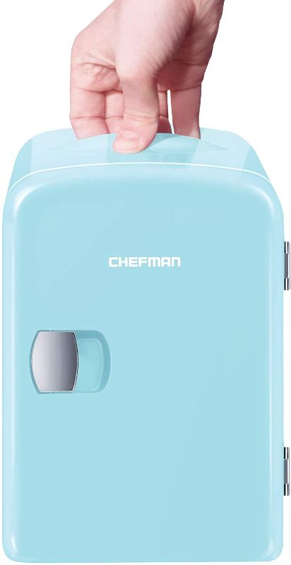 Photo 1 of Chefman Mini Portable Blue Personal Fridge Cools Or Heats & Provides Compact Storage For Skincare, Snacks, Or 6 12oz Cans W/ A Lightweight 4-liter Capacity To Take On The Go
