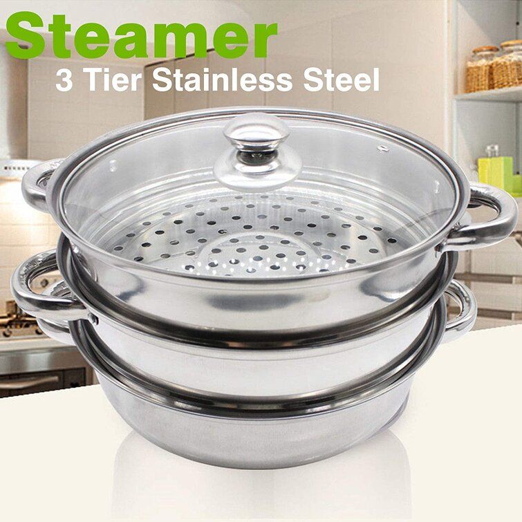 Photo 1 of 3 Tier Stainless Steel Steamer Steaming Pot Cookware Set w/Vented Glass Lid for Dumplings/Vegetables/Fish/Poultry, Induction Compatible (Silver)
