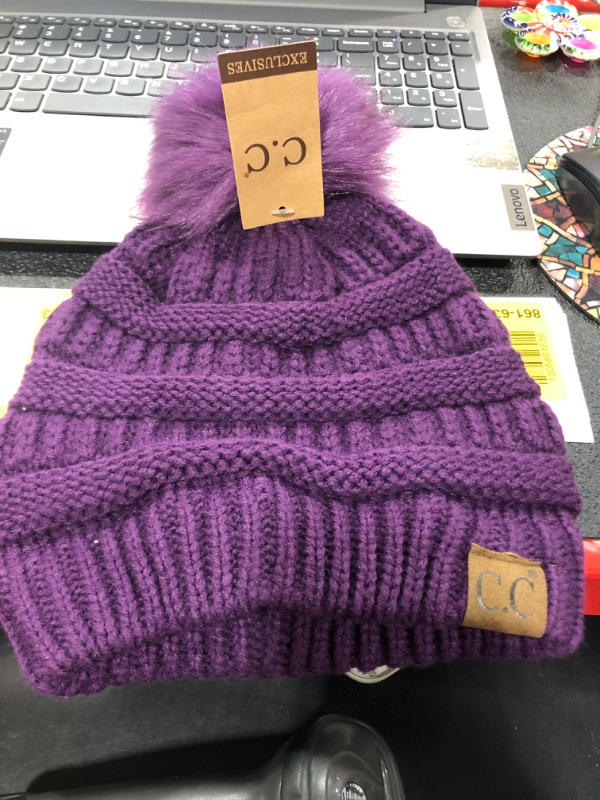 Photo 2 of C.C SOLID COLOR KNIT BEANIE WITH POM-YJ-64 PURPLE