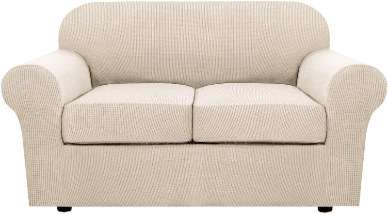 Photo 1 of 3 Piece Stretch Sofa Covers for 2 Cushion Sofa Couch Covers for Living Room Sofa Slipcovers Furniture Cover (Base Cover Plus 2 Seat Cushion Covers) Thicker Jacquard Fabric(Large Sofa, Off White)
