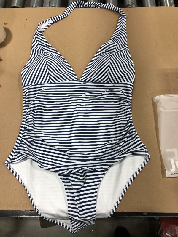 Photo 2 of Blue And White Stripe Halter One Piece Swimsuit
size L