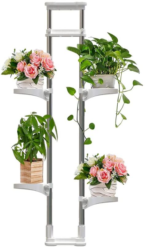 Photo 1 of 4 Tier Double Pole Flower Pot Shelf Plant Display Stand Stainless Steel Vase Planter Holder Rack with Adjust Tray Indoor Window
