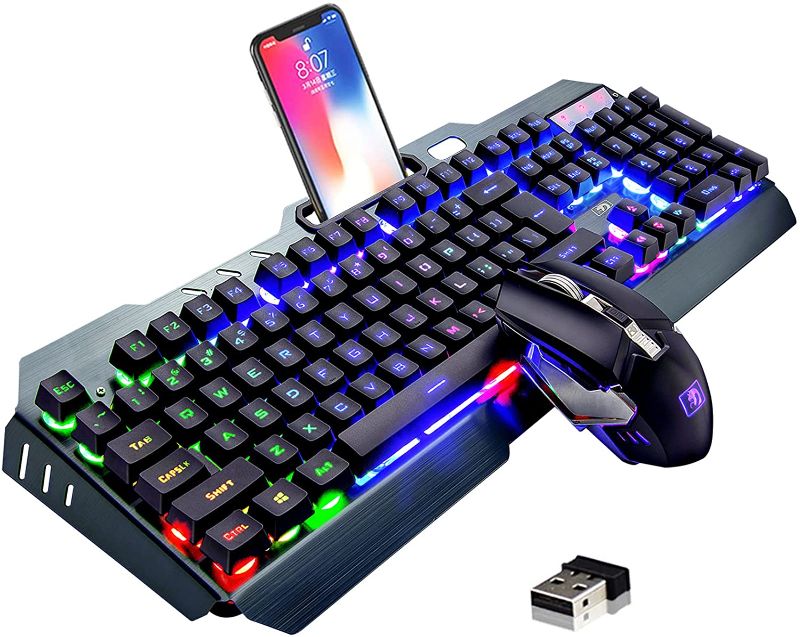 Photo 1 of Wireless Gaming Keyboard and Mouse,Rainbow Backlit Rechargeable Keyboard with 3800mAh Battery Metal Panel,Mechanical Feel Keyboard and 7 Color Mute Gaming Mouse for Windows Computer Gamers(Rainbow)
