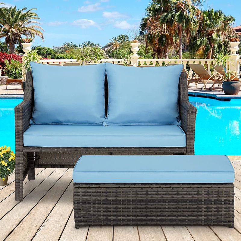 Photo 1 of AVAWING 2 piece wicker patio furniture outdoor loveseat w/ footrest & cushions