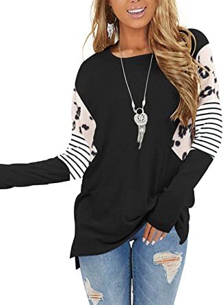 Photo 1 of Yuccalley Women's Striped Leopard Print Tops Casual Long Sleeve Pullover Round Neck Tunics Shirts (L)
