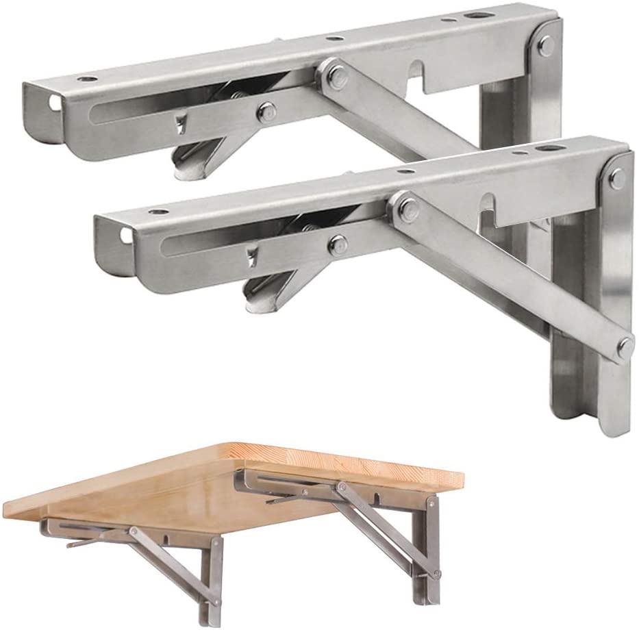 Photo 1 of 8 Inch Folding Shelf Brackets 2Pcs, Stainless Steel Wall Mount Foldable Workbench Supports Collapsible Bracket with Screws
