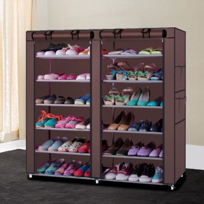 Photo 1 of 6 Tier 12 Grid Two Rows Shoe Rack Shelf Storage With Cloth Case Coffee
