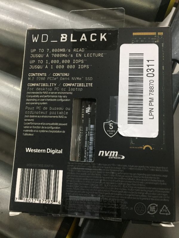 Photo 1 of Barcode for WD_Black 1TB SN850 NVMe Internal Gaming SSD - Gen4 PCIe, M.2 2280, 3D NAND WDS100T1X0E
