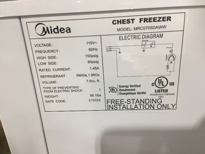 Photo 8 of Midea MRC070S0AWW Chest Freezer, 7.0 Cubic Feet, White
